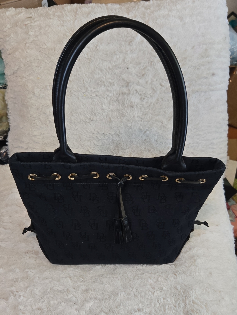 Dooney & Bourke Black &blue Logo Jacquard Tote with Tassel LIKE NEW CONDITION